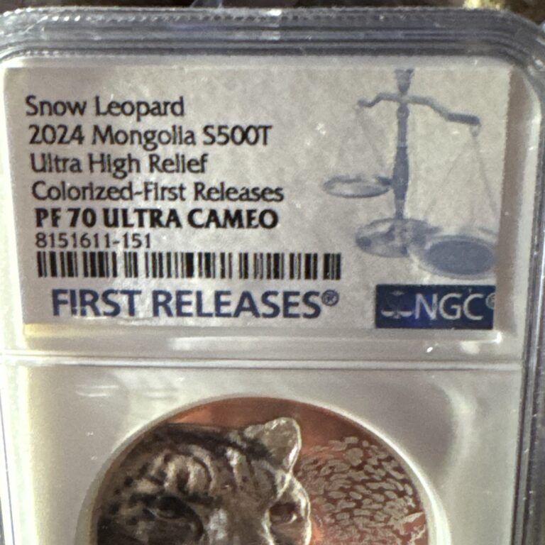 Read more about the article **2024 Mongolia Silver Snow Leopard 1oz .9999 500g PCGS PR70 Colorized Silver**