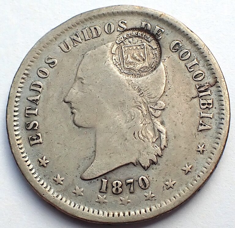Read more about the article Very Rare 1889 Costa Rica 50 Centavos Counterstamp on 1870 Colombia 5 Decimos