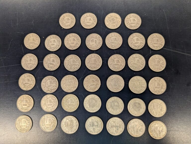 Read more about the article SWITZERLAND  1 Franc Lot of 39 Silver Coins ALL DIFFERENT DATES; 1903-1967 RARE