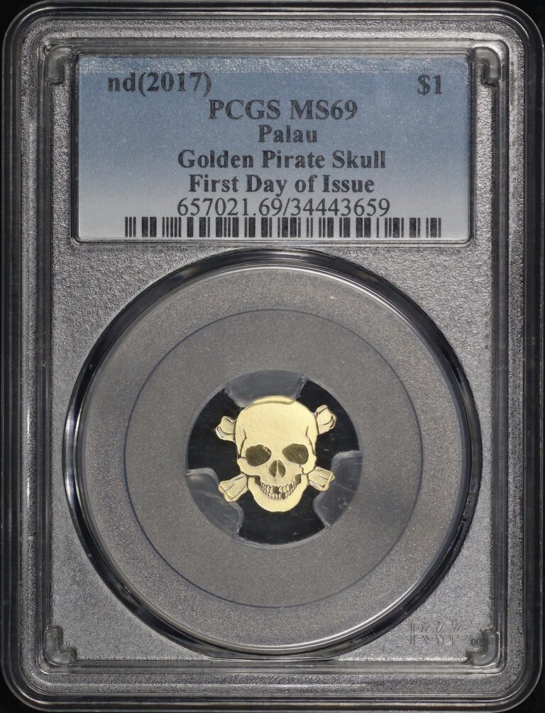 Read more about the article 2017 Palau $1 Golden Pirate Skull 0.5g PCGS MS-69 First Day of Issue