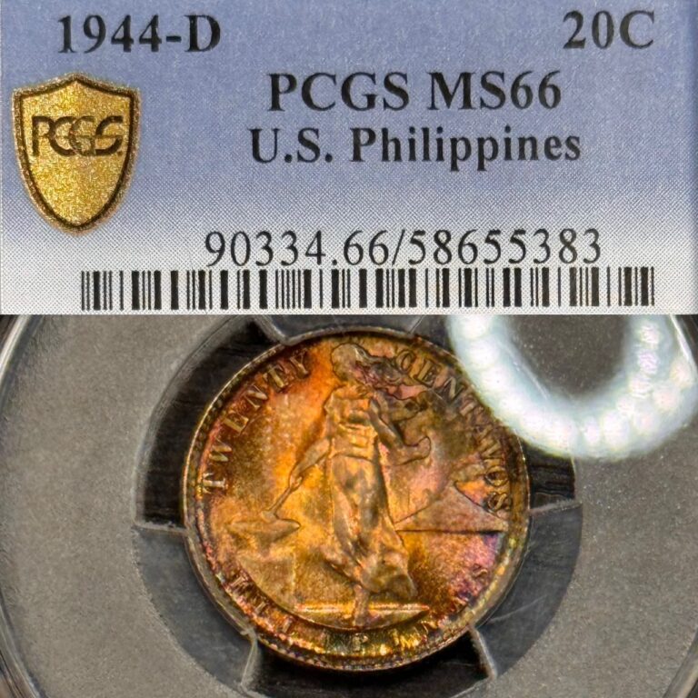 Read more about the article MS66 1944-D US Philippines Silver 20 Centavos  PCGS Trueview- Rainbow Toned