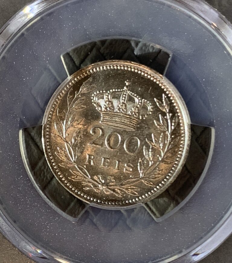 Read more about the article 1909 PORTUGAL 200 REIS SILVER COIN PCGS MS61