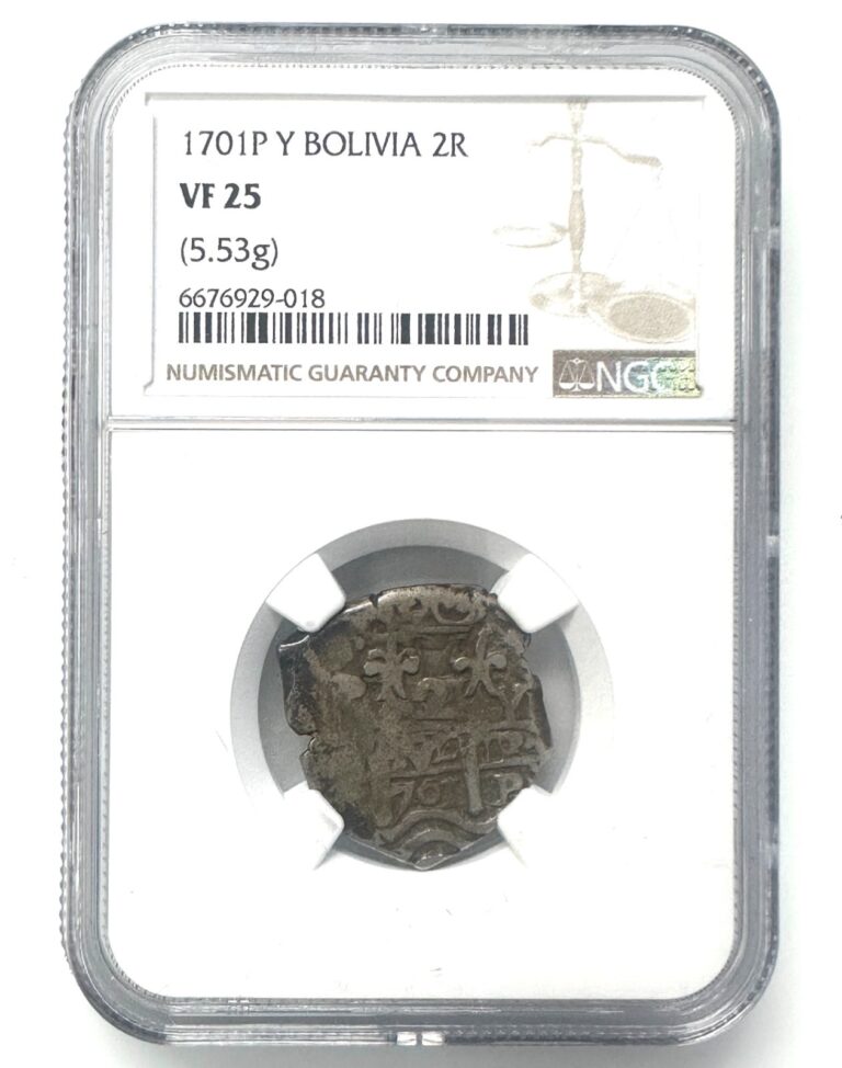 Read more about the article 1701P Bolivia Philip 2 Reales VF25 (5.53g) NGC Silver (.931)
