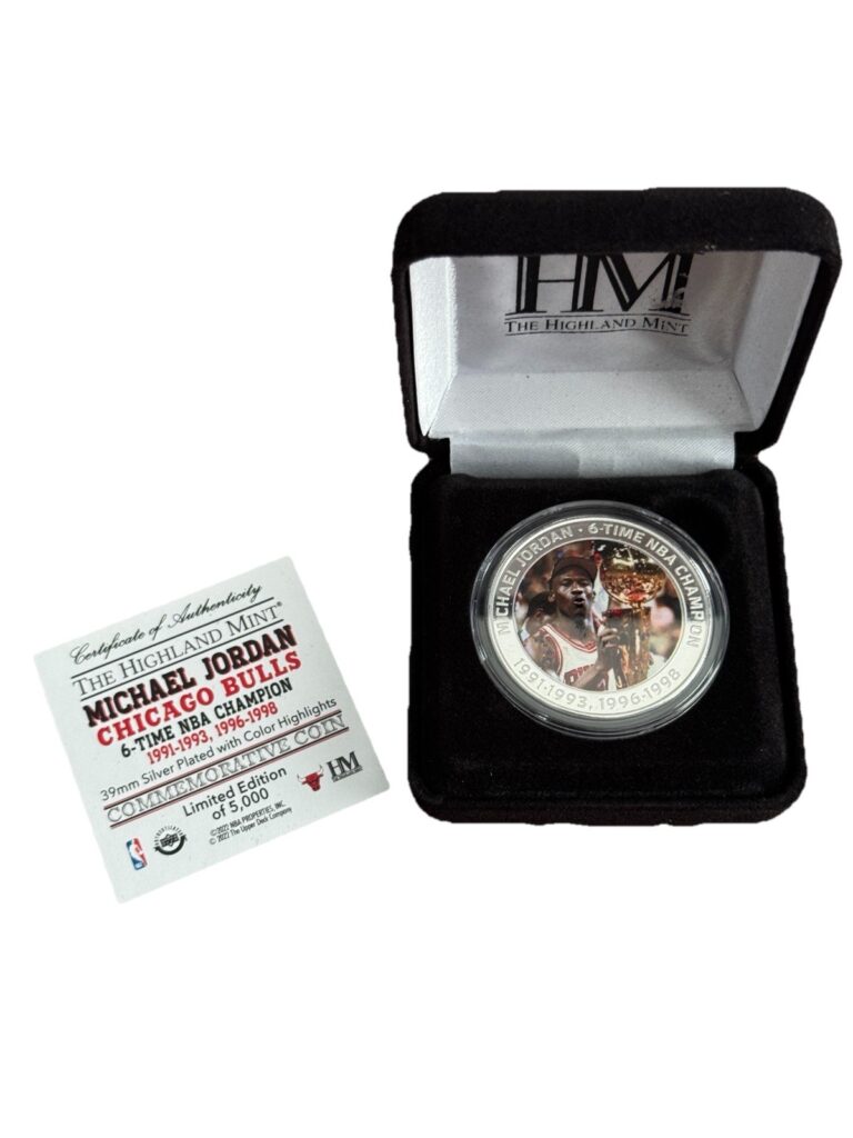 Read more about the article Highland Mint Michael Jordan Chicago Bulls 6 Time NBA Champion Coin 39mm Silver