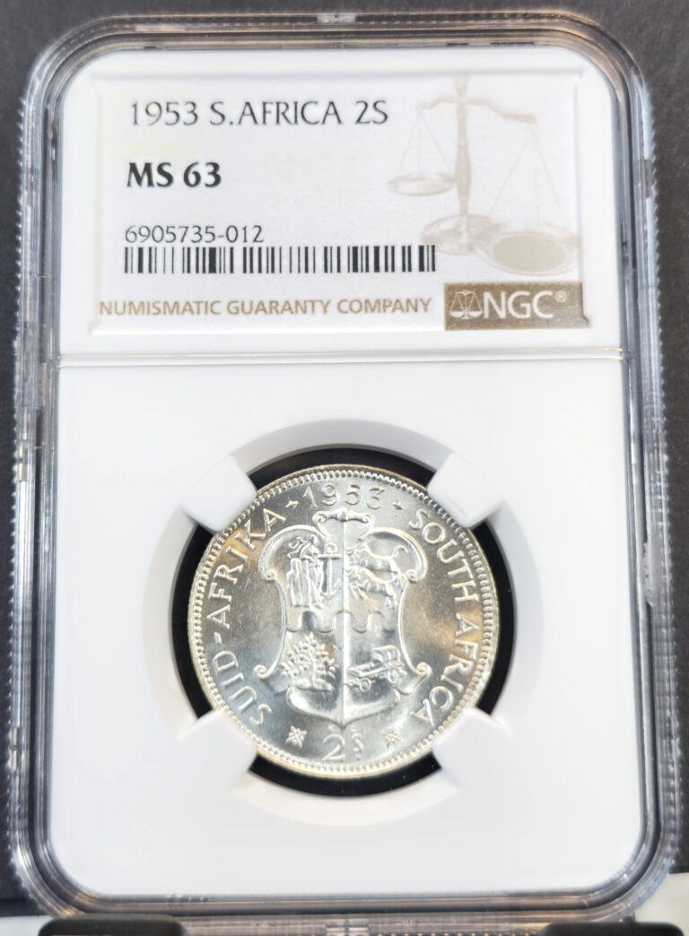 Read more about the article 1953 SOUTH AFRICA SILVER 2 SHILLINGS SHIELD NGC MS 63 BRIGHT LUSTER
