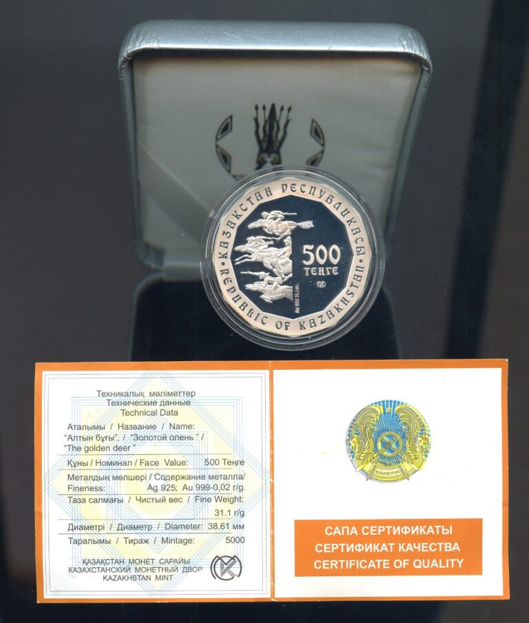 Read more about the article Kazakhstan 2004   Proof Silver 500 Tenge  Golden Deer  1 ounce  box and COA