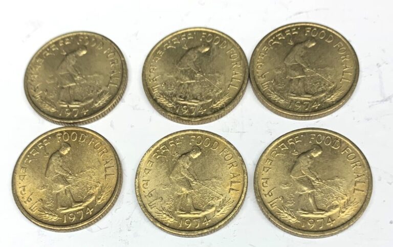 Read more about the article # C1314    BHUTAN   20  CHETRUMS   COINS     1974  ( 6 COINS ALL ALIKE )