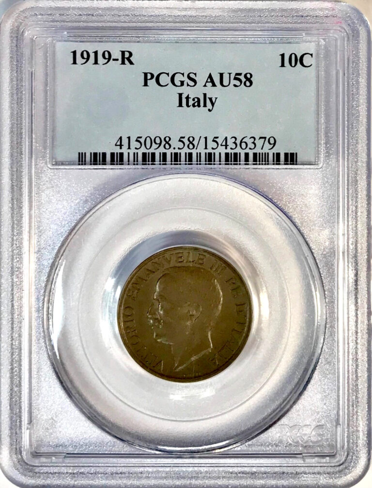 Read more about the article Scarce Old Italia Bronze Coin 1919-R Italy 10 Centesimi Rome Mint PCGS AU58