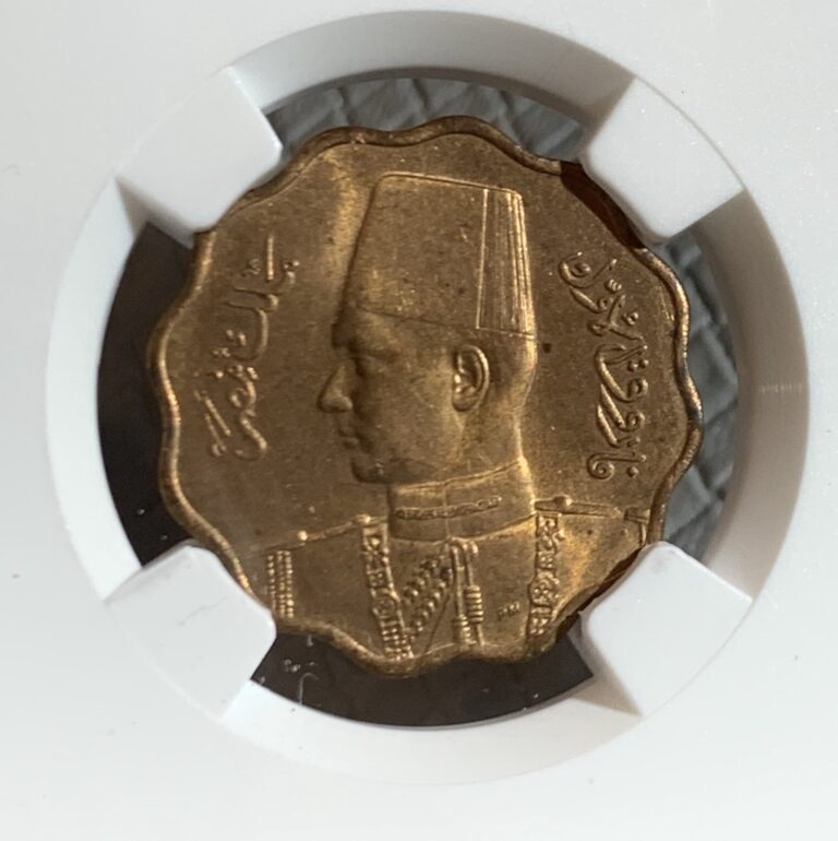 Read more about the article AH1362  1943 EGYPT  10 M COPPER COIN NGC MS63RB