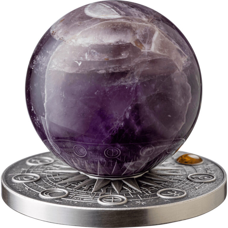 Read more about the article 2025 Ghana Solar System Saturn 2 oz Silver Antiqued Amethyst Spherical Coin