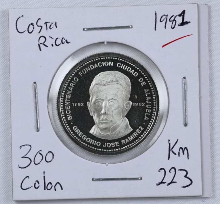 Read more about the article COSTA RICA – 300 COLONES 1981 PROOF KM# 223  200th ANNIV. FOUNDING OF ALAJUELA
