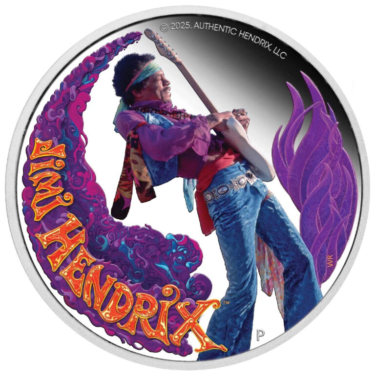 Read more about the article Jimi Hendrix 2025 $1 1 oz Silver Proof Coloured Coin Tuvalu  Perth Mint