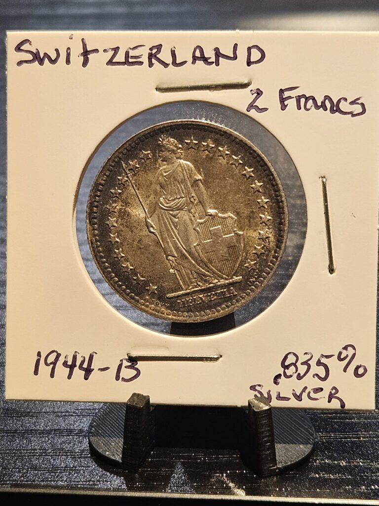 Read more about the article 1944 B Swiss Silver 2 Franc Coin   Lot #81