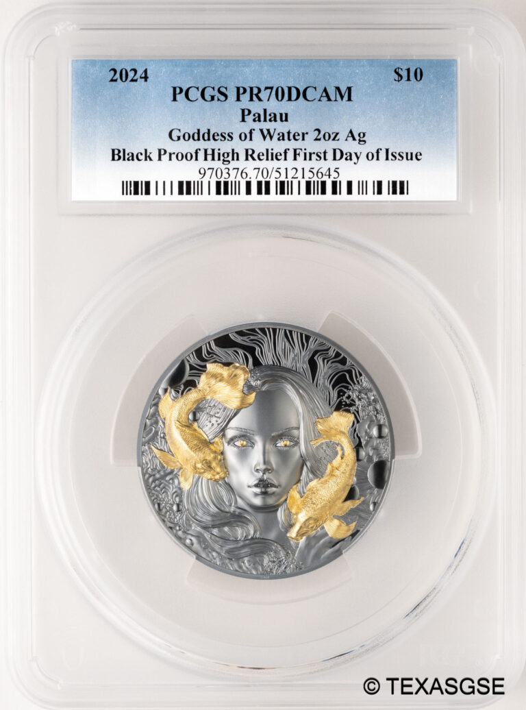 Read more about the article 2024 Palau 2oz Silver $10 Goddess of Water Black Proof PCGS PR70 First Day