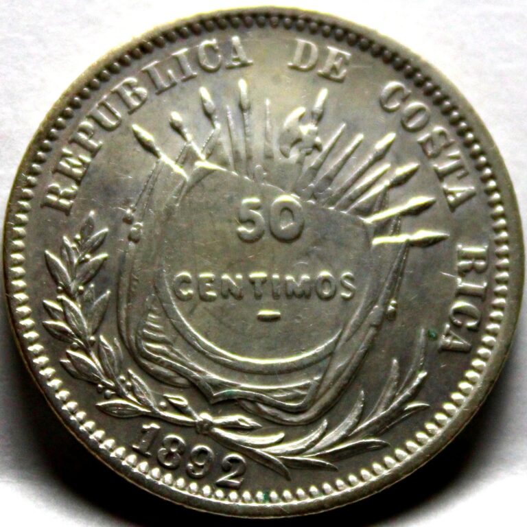 Read more about the article Costa Rica  1923  50 Centimos  Counter Struck on 1892 Coin Mint Heaton 625-227