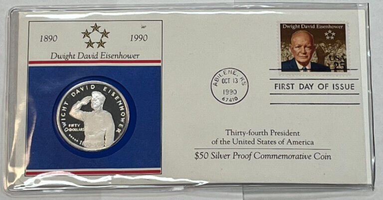 Read more about the article 1990 Marshall Islands $50 Eisenhower Commemorative .999 Silver Proof Coin  1 ozt