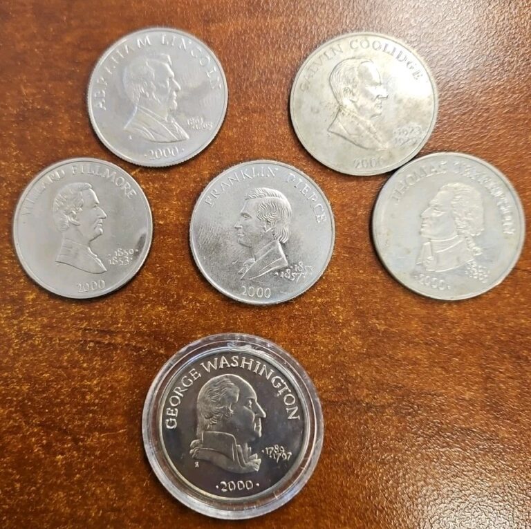 Read more about the article REPUBLIC OF LIBERIA 5 DOLLAR COIN  US PRESIDENTS 6 Coins Washington Jefferson..