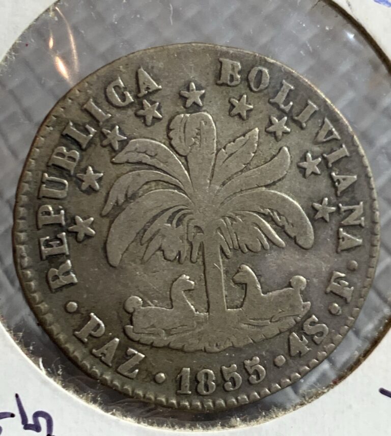 Read more about the article 1855 BOLIVIA 4 SOLES SILVER COIN VF