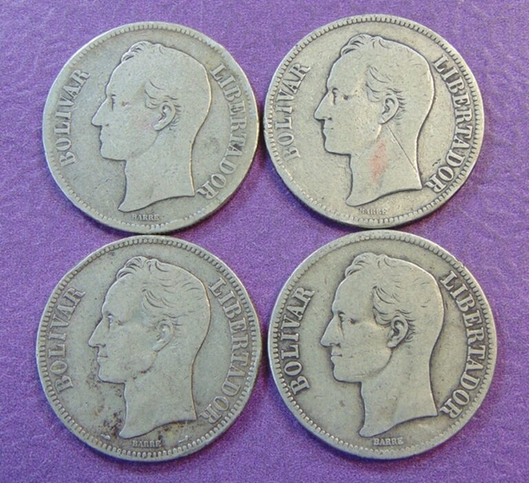 Read more about the article VENEZUELA ~ 4 COINS ~ .900 SILVER   5 BOLIVARES ~ 1886 -1905 – 1911 – 1919