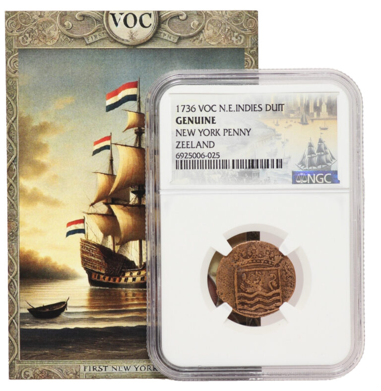 Read more about the article 1736 First New York Penny NGC Genuine N.E. Indies VOC Duit Zeeland Coin JR176