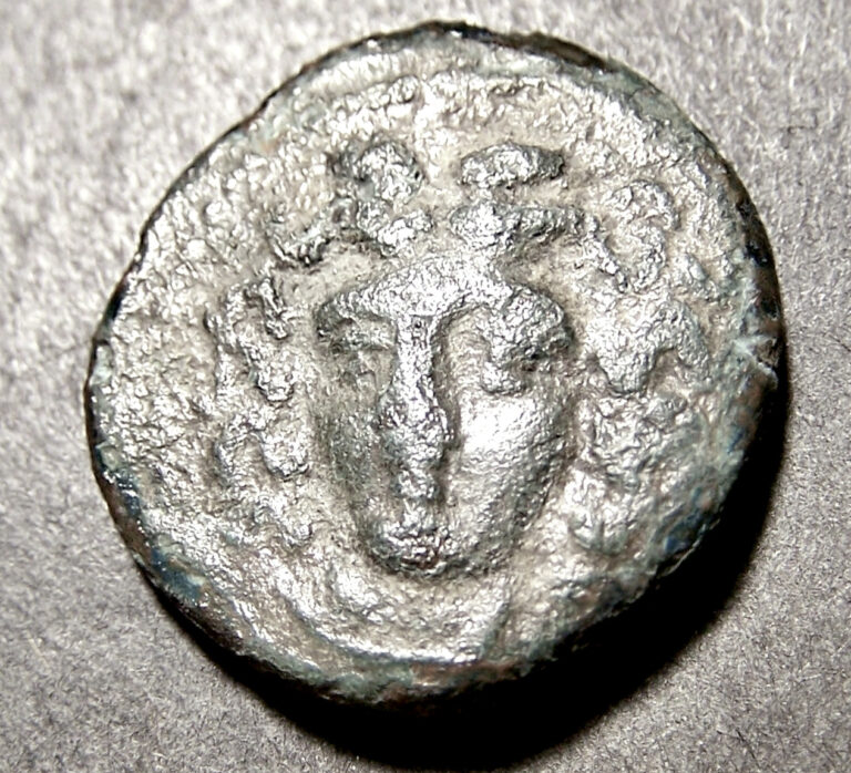 Read more about the article Greek Coin  City Nymph Head Facing w/ Prancing Horse  18-20mm  c 4th Cent. BC