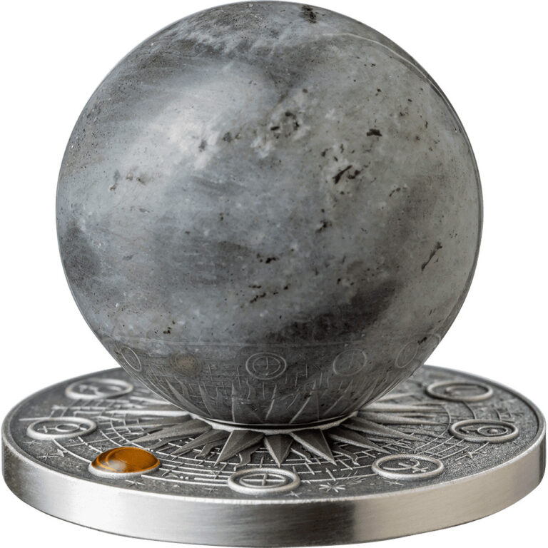 Read more about the article 2025 Ghana Solar System Moon 2 oz Silver Antiqued Labradorite Spherical Coin