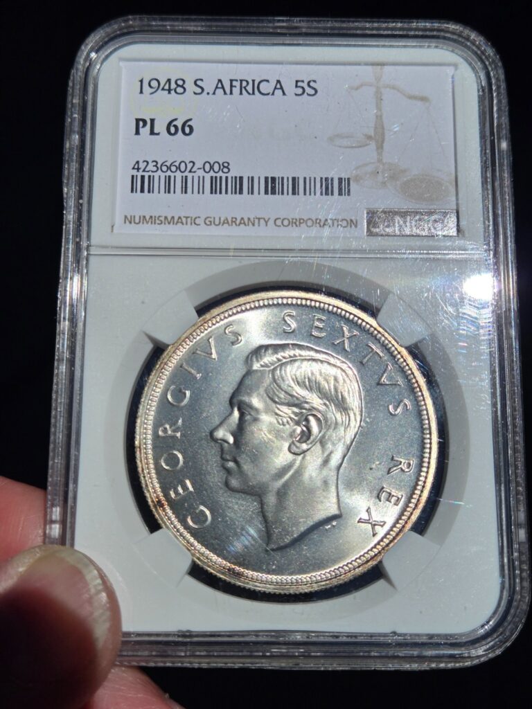 Read more about the article Prooflike  Silver 1948  South  africa  5 Shillings   NGC PL 66  “GEM”  PQ Crown