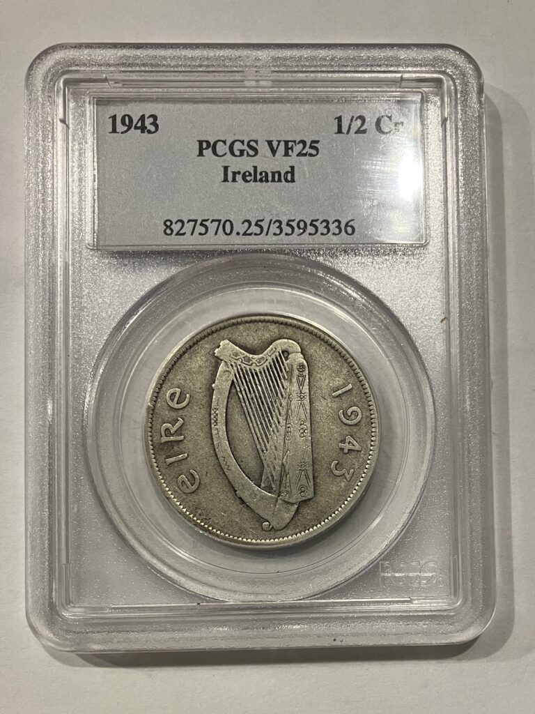 Read more about the article 1943 IRISH HALF CROWN IRELAND PCGS VF 25  RARE  WITH ONLY ABOUT 500 KNOWN F1014