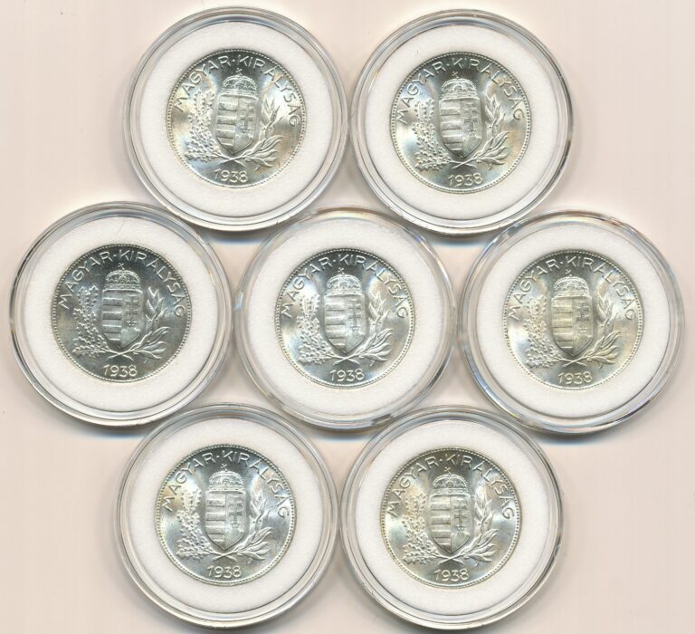 Read more about the article 1938 BP. HUNGARY  Miklos Horthy 1 Pengo  7 pieces UNC. Silver Pre-WWII. Coinage.