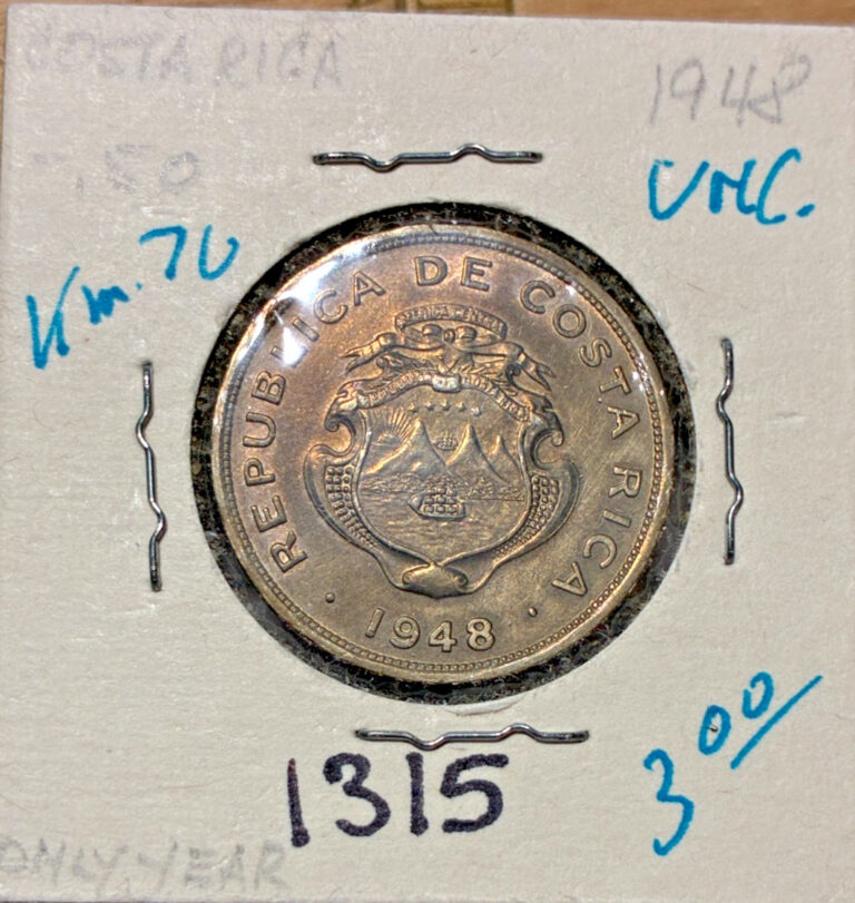 Read more about the article 1948 Costa Rica 50 Centimos KM# 176  uncirculated. Coin #1315. Free shipping