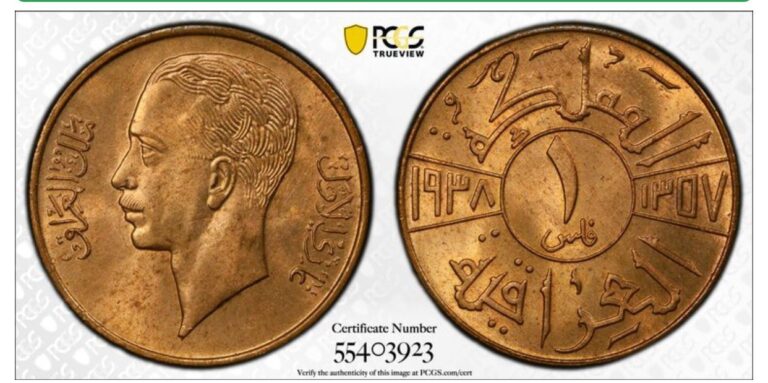 Read more about the article AH1357 1938 IRAQ 1 FILS COPPER COIN PCGS MS65RD