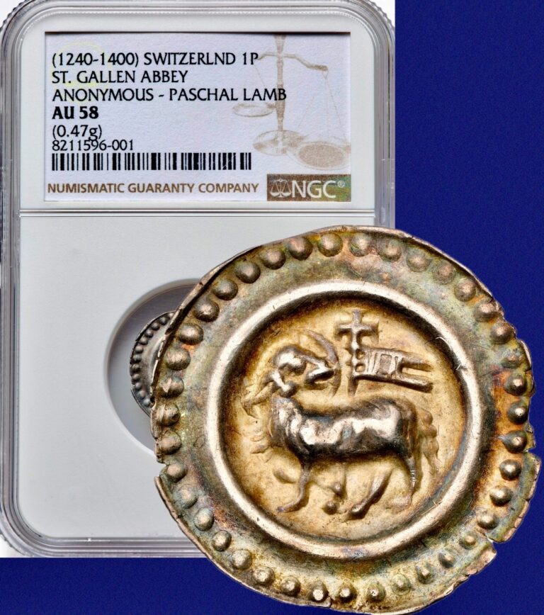 Read more about the article 1240-1400 SWITZERLND 1P ST. GALLEN ABBEY Pfennig Medieval Silver Coin NGC AU58
