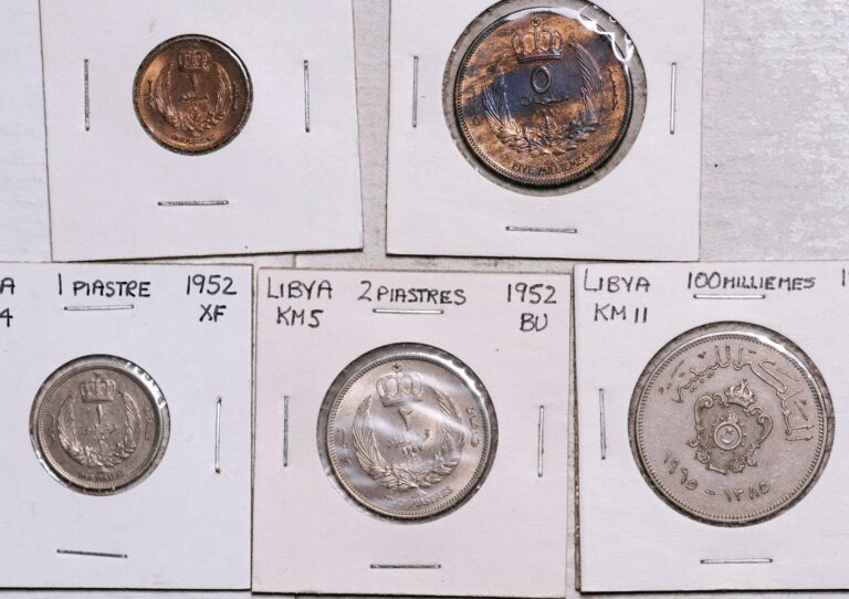 Read more about the article 1952-1965 LIBYA LOT FIVE COINS: 1-5-100 MILLIEMES 1-2 PIASTRES