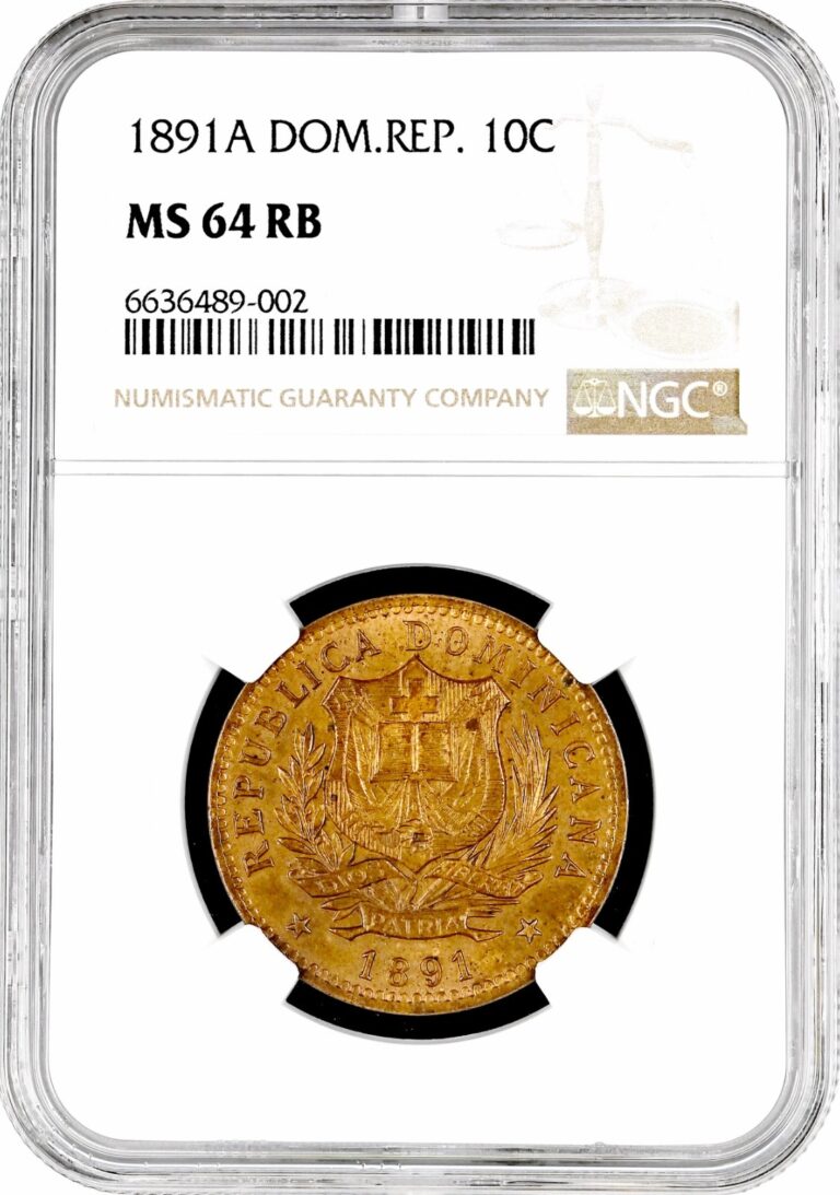 Read more about the article Dominican Republic 10 centesimos 1891 A  NGC MS64 RB  “Republic (1844 – 1897)”