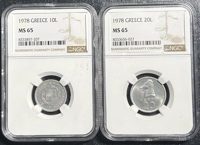 Read more about the article 1978 Greece MS 65 Grade NGC  20 and 10 Lepta Coin Lot!