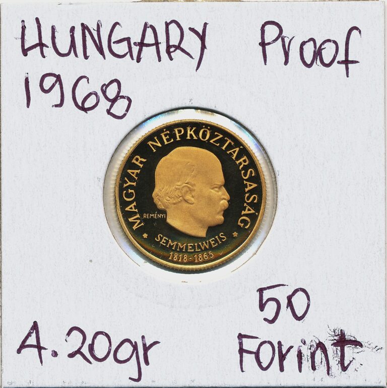 Read more about the article 1968 Hungary Semmelweis Ignac 50 Forint Proof Gold Coin- 4.20 grams  (.900)