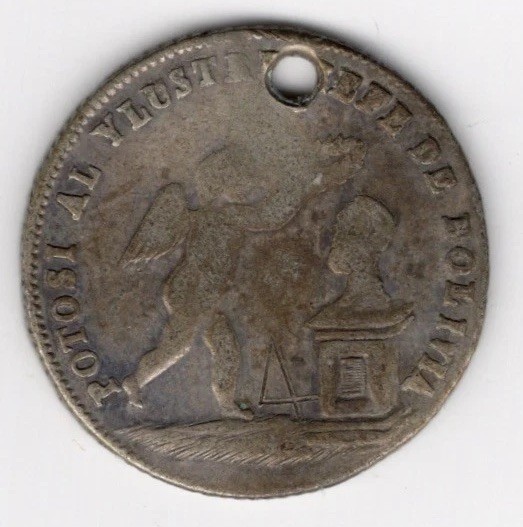 Read more about the article 1853 BOLIVIA PROCLAMATION COIN MEDAL POTOSI TYPE I SILVER COIN 1 SOL HOLED