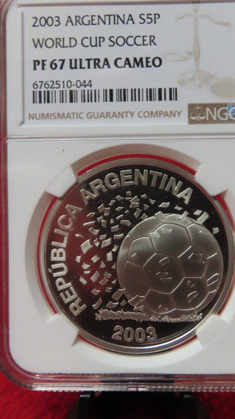 Read more about the article Argentina 2003 World Cup FIFA Soccer / Football Silver 5 Peso NGC PF67  proof