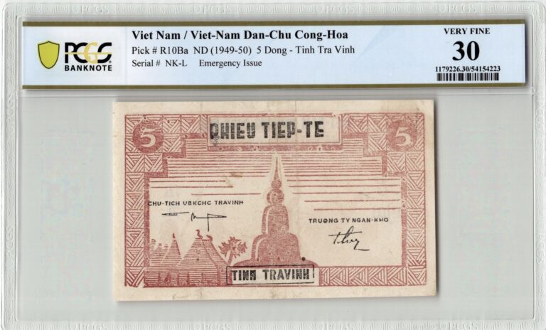Read more about the article Vietnam 5 dong Phieu Tiep Te 1949-1950 Tra Vinh Provice – Pick#R10Ba PCGS 30