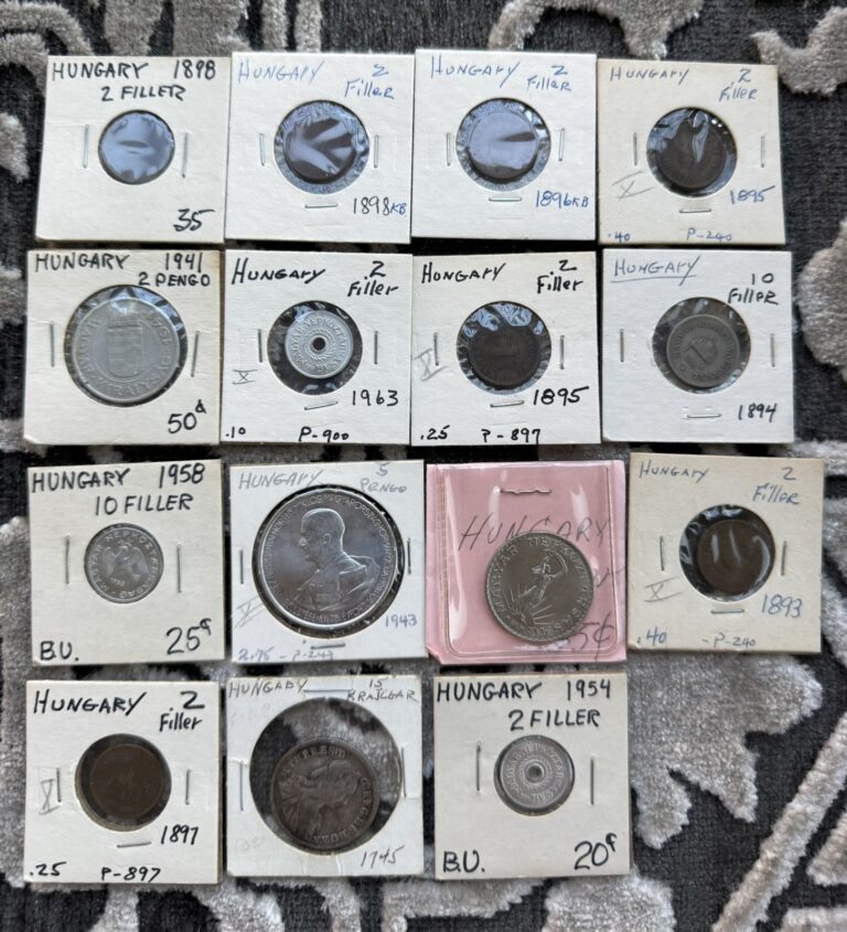 Read more about the article Lot of 15 Coins from Hungary 1745-1971 – One Silver – Many 1800’s Lot #2610