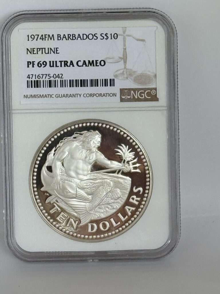 Read more about the article 1974 FM Barbados Silver $10 Neptune Coin  NGC PF 69 Ultra Cameo Grade