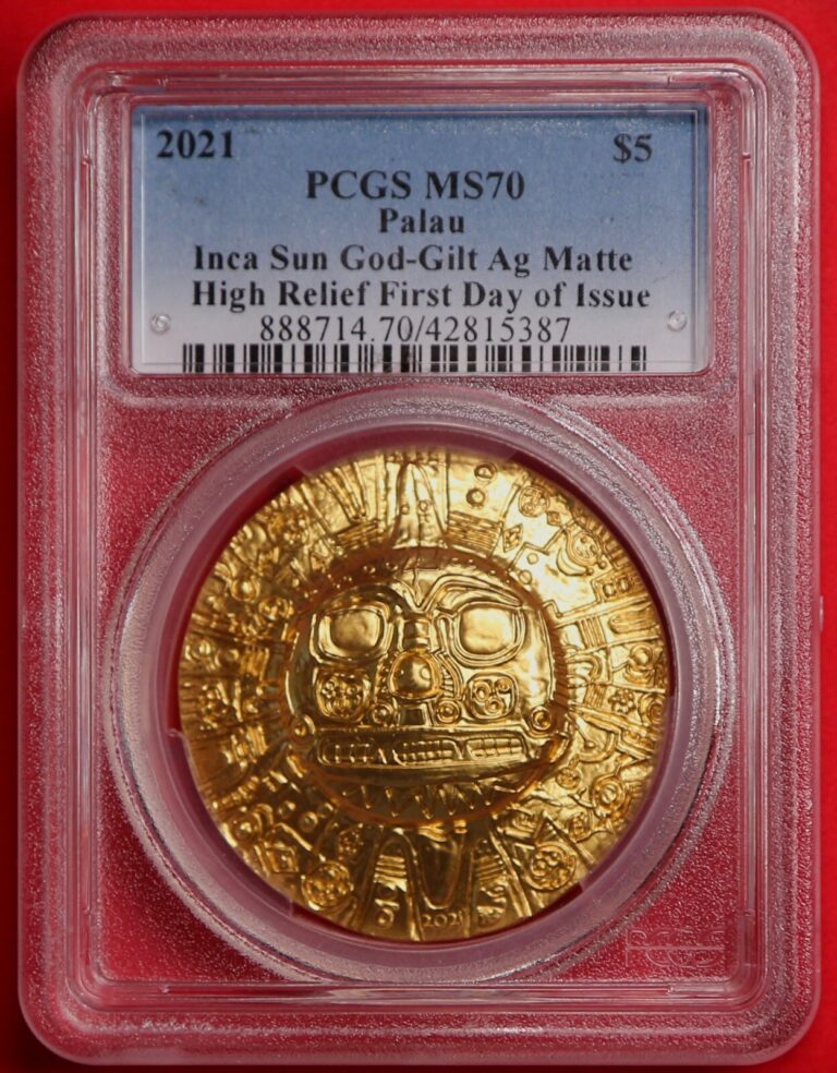Read more about the article 2021 Palau $5 INCA SUN GOD Gilt Ag 1 oz. Silver Coin PCGS MS70 FDI HR-Free Ship
