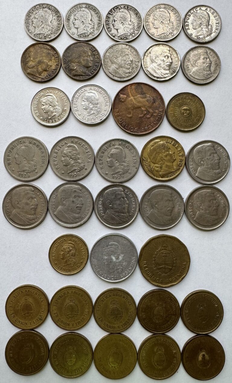 Read more about the article 37 PIECE ARGENTINA COIN LOT(14)5 CENTAVOS 1918-2007 and (23)10 CENTAVOS 1925-2009