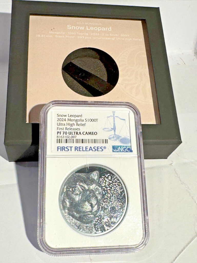 Read more about the article 2024 Mongolia 1000 Togrog 2oz Snow Leopard 3-D Coin – NGC PR70UC – 999 Minted!