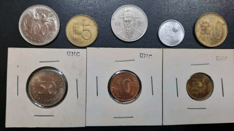 Read more about the article LOT OF 8 SOUTH KOREA COINS . 100 HWAN   50 WON AND MORE