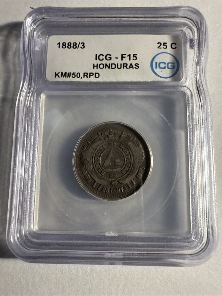 Read more about the article 1888/3 Honduras 25 Centavos Silver Coin ICG F15