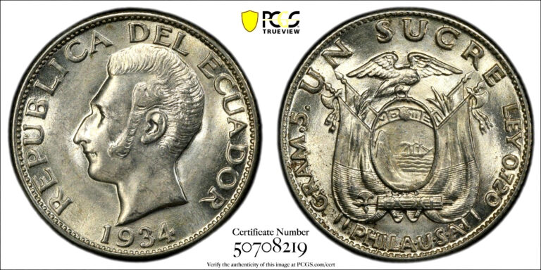 Read more about the article 1934 Ecuador Sucre  PCGS MS 63  KM-72
