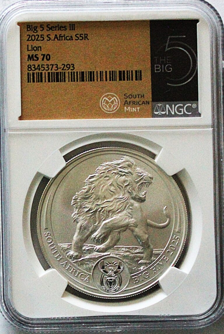 Read more about the article 2025 THE BIG FIVE LION 1oz SILVER SOUTH AFRICA 5 RAND NGC MS70 COA OGP