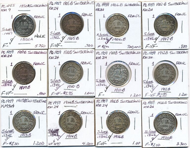 Read more about the article LOT OF 12 ASSORTED SWITZERLAND SILVER ONE FRANC COINS 1850-1920