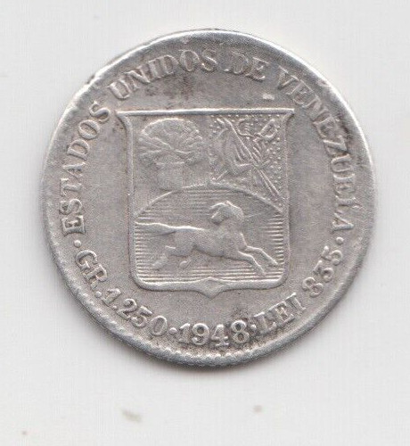 Read more about the article Venezuela 1948. ¼ Bolívar 25 Centimos. Silver. Coat of arms. Bolivar bust. Y# 20